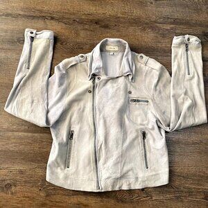 Jakett Jacket Suede Gray L Blue 100% Leather Full Zip Moto LS Zippers VTG READ